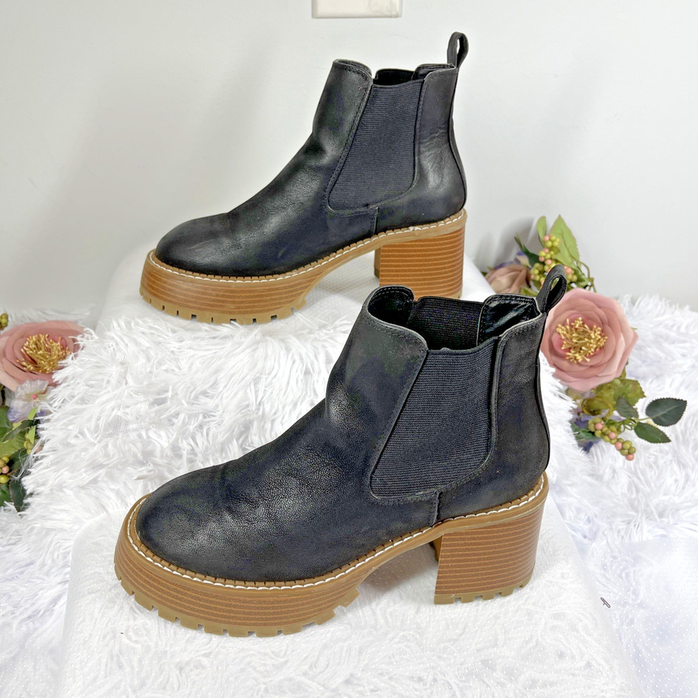 MIA Womens 6.5 Black Chelsea Ankle Boots Chunky Heel Lug Sole Platform Booties